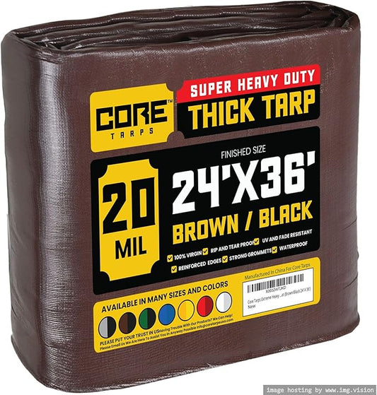 Core Tarps Extreme Heavy Duty 20 Mil Tarp Cover, Waterproof, UV Resistant, Rip and Tear Proof, Poly Tarpaulin with Reinforced Edges for Roof, Camping, Patio, Pool, Boat (Brown/Black 24′ X 36′)