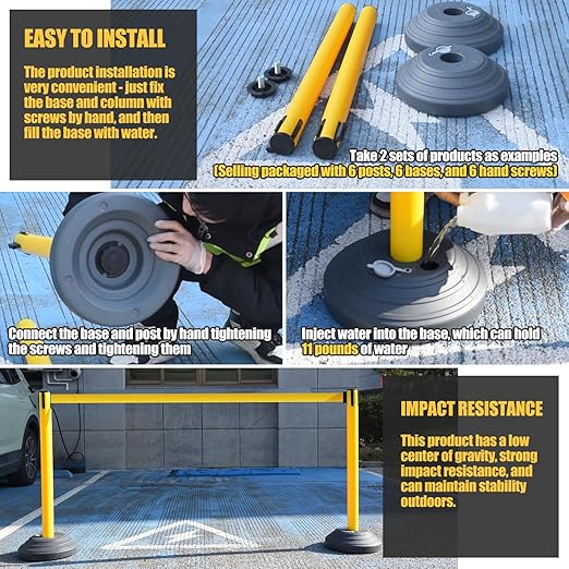6 Pack Premium Crowd Control Stanchion Set, 40" H Delineator Post with 10' Feet Retractable Belt, Heavy-Duty Base, Safety Rope Barriers for Traffic Queue (Water Filled Base, Yellow)