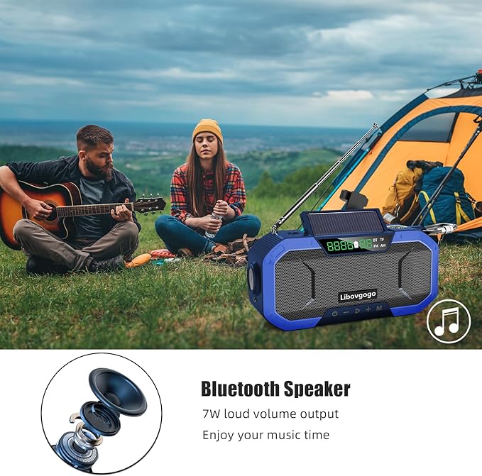 Emergency Radio Waterproof Bluetooth Speaker,Portable Digital AM FM Radio with 5000mAH Cell Phone Charger,Flashlight,Reading Lamp,Hand Crank NOAA Weather Radio with Solar Panel,Emergency Survival Kit