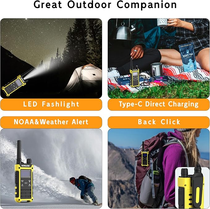 KETELESE T3F IP67 Waterproof Walkie Talkies, Rugged Two Way Radio with Earpiece, Triple Proof, Three Charging Options, FRS 2 Way Radio, NOAA, VOX (6 Pack), Black/Yellow