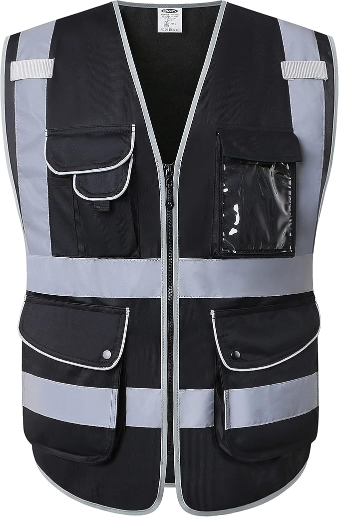 JKSafety 9 Multi-Functional Pockets Zipper Front Safety Vest With Reflective Strips Meet ANSI/ISEA Standards (150-Black, 3X-Large)