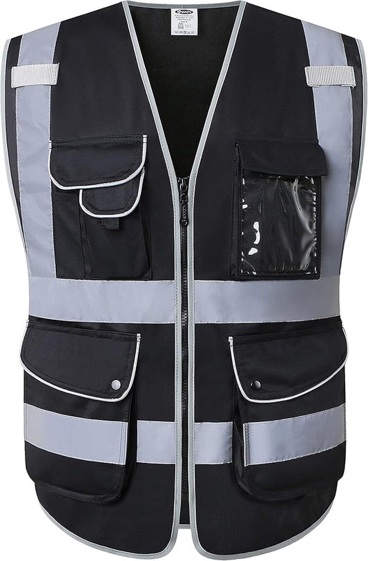 JKSafety 9 Multi-Functional Pockets Zipper Front Safety Vest With Reflective Strips Meet ANSI/ISEA Standards (150-Black, 3X-Large)