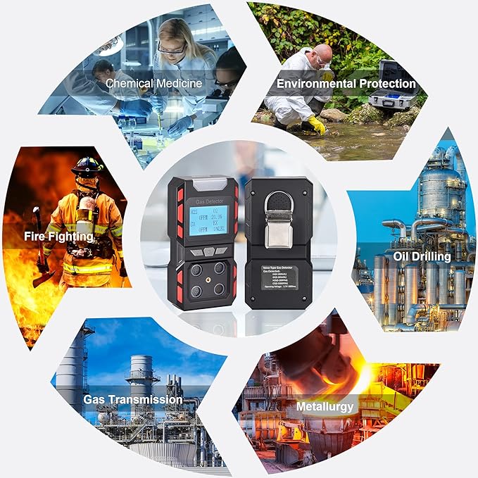 Portable Gas Leak Detector, Handheld Voice Type 4 Gas Monitor with Digital Display, Rechargeable Battery Powered Multi Gas Detector Test Meter (Black)