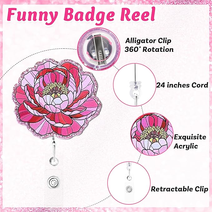Pink Flower Badge Reel with Alligator Clip Funny ID Badge Holders Cute RN LPN CNA MA PCT Badge Buddy Nursing Medical Students Teachers Nurse Accessories for Work