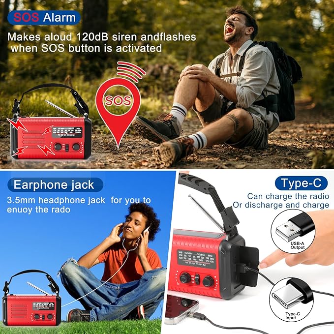 Emergency Hand Crank Weather Radio 20000mAh/74000mWh AM/FM/NOAA Solar Powered Radio with Phone Charger, SOS Alarm Emergency LED Flashlight, Reading Lamp Headphone Jack for Hurricanes Emergencies