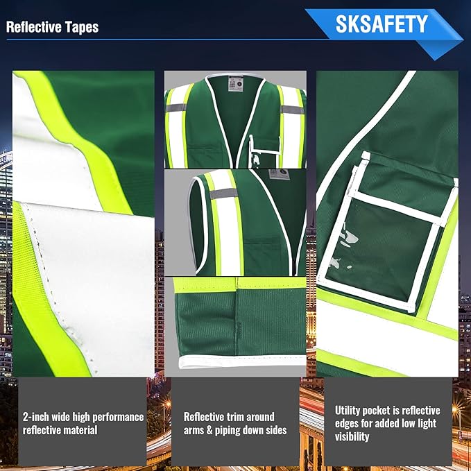 SKSAFETY 10 Pockets Safety Vest, Class 2 High Visibility Security with Zipper, Hi Vis Vest with Reflective Strips, ANSI/ISEA Standard, Construction Work Vest for Men ＆ Women （Green,M）