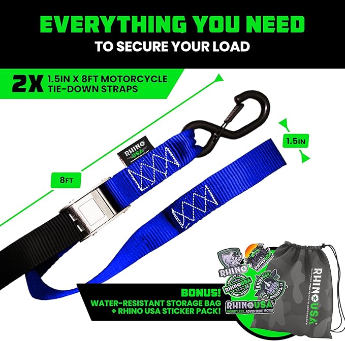 Rhino USA Motorcycle Tie Down Straps (2 Pack) Lab Inspected 2,200lb Break Strength, Steel Cambuckle Tiedown Set with Integrated Soft Loops - Better Than a Ratchet Strap (Blue 2-Pack)