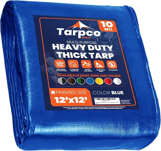 Tarpco Safety Heavy Duty 10 Mil Tarp Cover, Waterproof, UV Resistant, Rip and Tear Proof, Poly Tarpaulin with Reinforced Edges for Camping, Roof, Patio, Pool, Boat. (Blue 12′ X 12′)