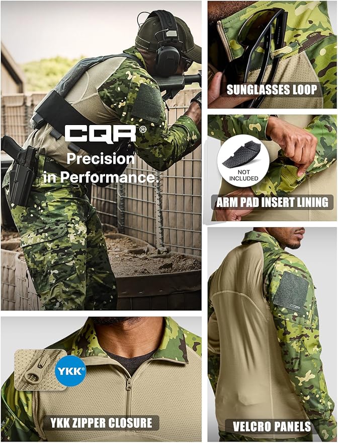 CQR Men's Combat Shirt Tactical 1/4 Zip Long Sleeve Military BDU Shirts Camo EDC Top with Pockets