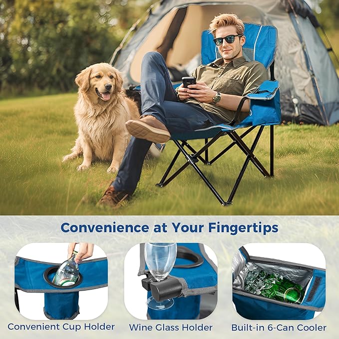 Oversized Padded Camping Chair, Heavy-Duty Steel Frame for 450 lbs Supports, Convenient 6-Can Cooler, Portable Carry Bag, Perfect for Outdoor, Beach, and Hiking (Blue & Gray)