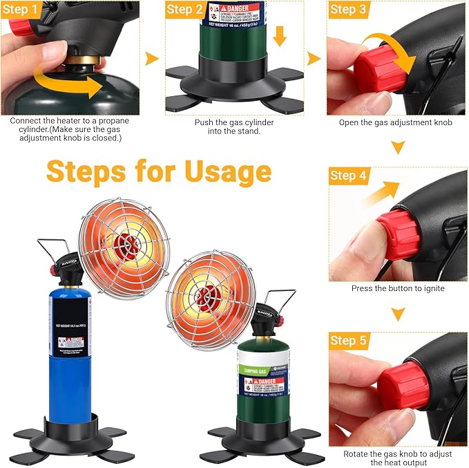 Portable Propane Heater for Camping,9,200BTU Small Outdoor Patio Garage Heater,Self-Ignition,with Foldable Gas Cylinder Holder for Tent Hiking Ice Fishing Hunting(Fuel Cylinder not included)