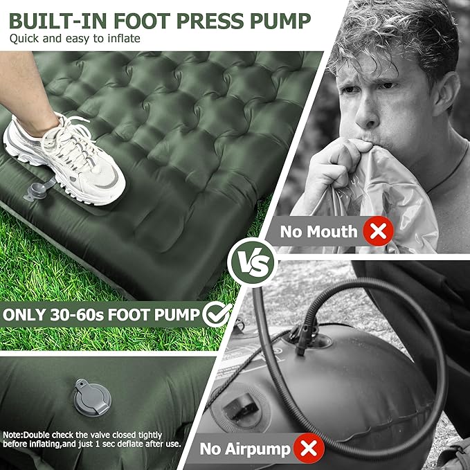 Sleeping Pad, 4.7" Extra-Thick & Ultralight Inflatable Camping Mat with Pillow, Built-in Foot Pump, Compact for Backpacking, Camping, Hiking, Travel —Military Green