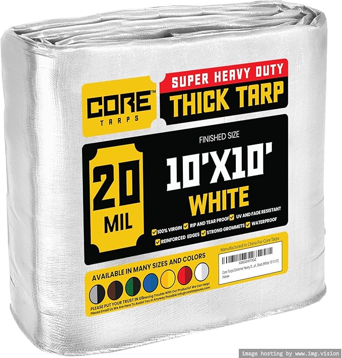 Core Tarps Extreme Heavy Duty 20 Mil Tarp Cover, Waterproof, UV Resistant, Rip and Tear Proof, Poly Tarpaulin with Reinforced Edges for Roof, Camping, Patio, Pool, Boat (White 10′ X 10′)