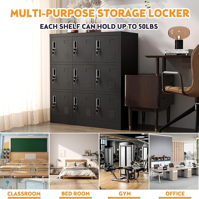 Metal Lockers for Employees 9 Doors,Office Storage Locker, Employee Steel Locker Cabinet with Lock,Staff Locker with Keys Storage Cabinet for Gym Home Office School Garage,Assembly Required