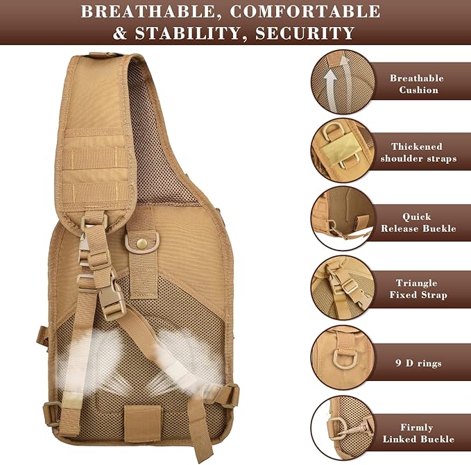 15L Compact Tactical Sling Bag, Military Shoulder Sling Pack for Men's EDC, Molle Assault Range Bag Crossbody Chest Pack for Outdoor Adventures (07-Khaki)