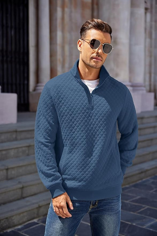 COOFANDY Mens Quarter Zip Pullover Quilted Sweatshirt Knit Long Sleeve Mock Neck Sweater Polo with Pocket