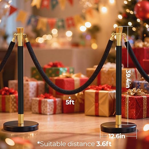 8pcs Sturdy Stanchion Posts, 8pcs High Quality Black Velvet Ropes, Water/Sand/Concrete Fillable Leakproof Base, Crowd Control Barriers for Birthday, Prom, Business, Wedding, Red Carpet