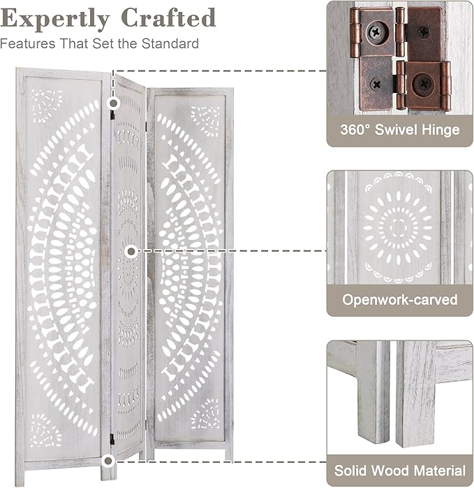 WelFurGeer Handcrafted Carved Wooden Room Divider Screen, Folding Privacy Screen for Room Separation, Decorative Room Dividers, 360° Adjustable Folding Panels for Privacy, Home, Office & Patio
