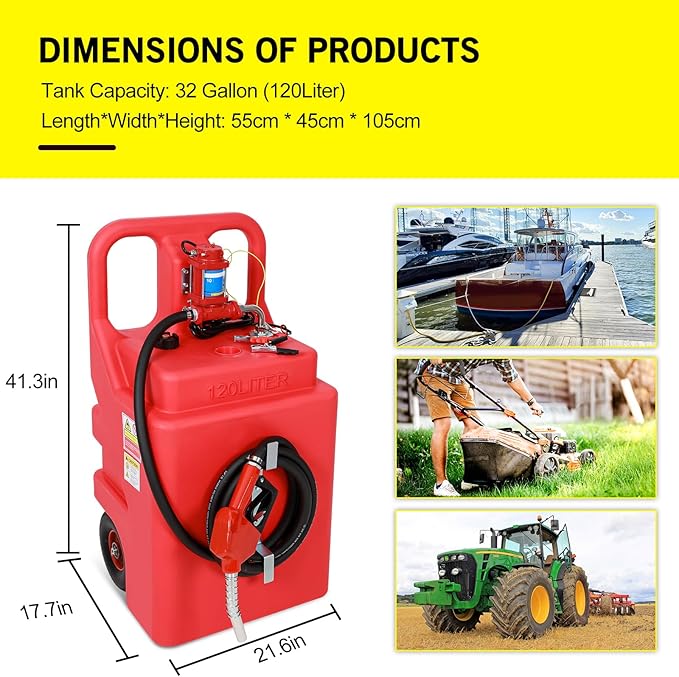 Gasoline Fuel Caddy Tank with Pump 32 Gallon, Portable Fuel Transfer Tank for Diesel & Gasoline with 12V 10GPM Electric Transfer Pump, Auto Fueling Nozzle, 13ft Hose, Sturdy Wheels