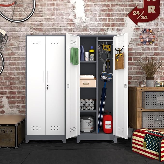 Locking Cabinet,Metal Garage Storage Cabinets with 2 Doors,Garage Tool Storage Cabinets with 3 Adjustable Shelves,Lockable Storage Cabinet for Basement,Home Office,Grey-White