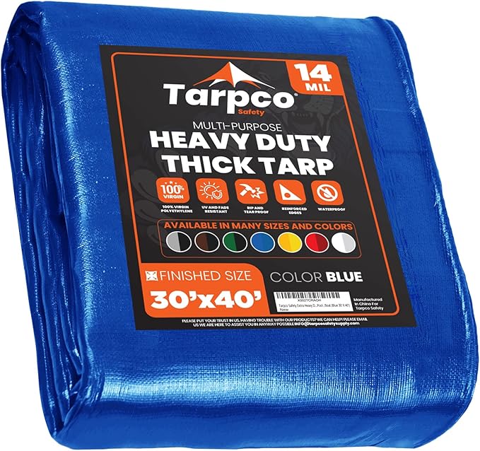 Tarpco Safety Extra Heavy Duty 14 Mil Tarp Cover, Waterproof, UV Resistant, Rip and Tear Proof, Poly Tarpaulin with Reinforced Edges for Roof, Camping, Patio, Pool, Boat (Blue 30′ X 40′)