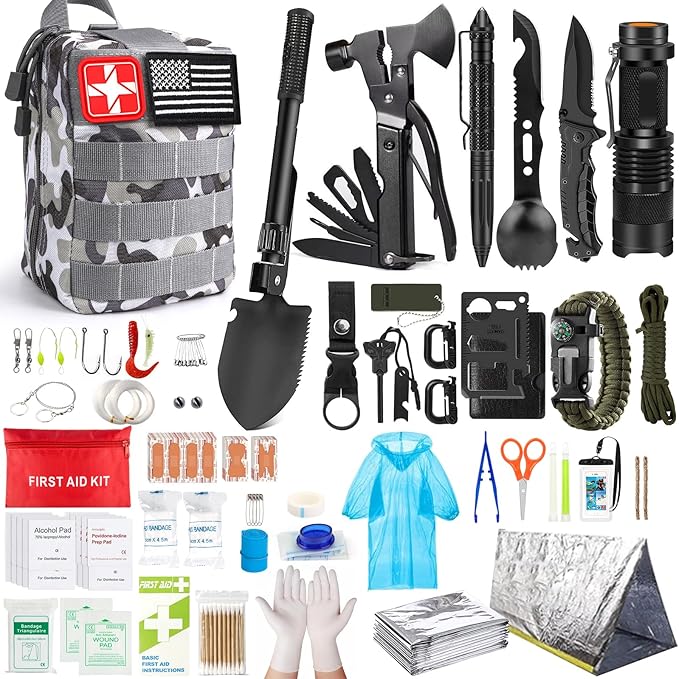 Survival Kits,222 PCS Emergency Survival Gear First Aid Kits with Molle System Compatible Bag Outdoor Camping Gear Emergency Kits for Hunting,Hiking,Fishing, Gifts for Men Women