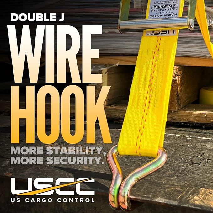 US Cargo Control Wire Hook Ratchet Strap 2 Inch x 12 Foot, 10,000 LBS Break Strength, Ratchet Straps Heavy Duty with Double J Hooks, Cargo Tie Downs for Flatbed Trailers and Trucks