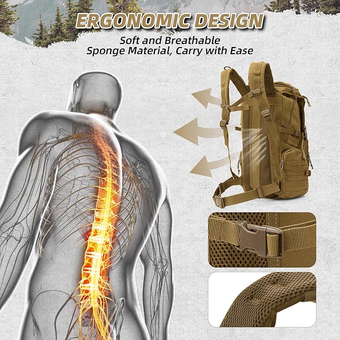 35L Military Tactical Backpack for Men,Water Resistant Assault Pack for Women,Khaki Molle Daypack 3 Day Bug Out Bag Rucksack for Trekking, Camping,Survival,EDC