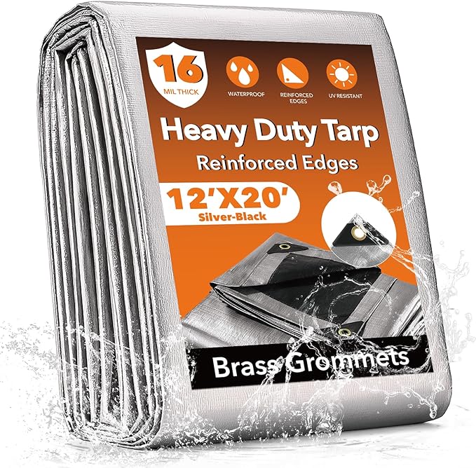 12x20FT Waterproof Tarp, Yumatum 16 Mil Heavy Duty Tarps with Reinforced Edges/Brass Grommets, 100% UV Blocking/Tear Resistant Poly Tarp for Camping, Patio, Tent, Boat(Silver/Black)