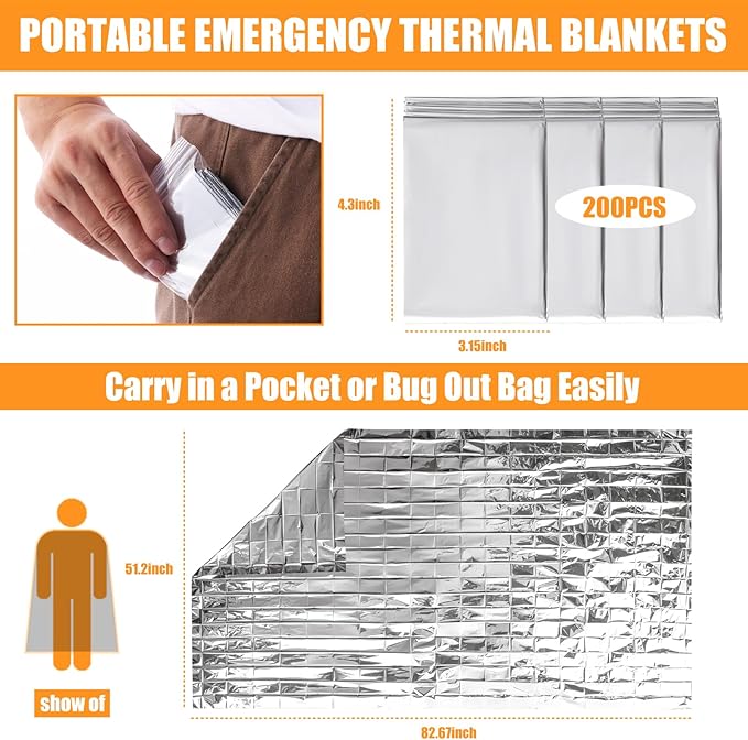 150PCS Emergency Blankets Foil Mylar Thermal Individually Wrapped, Waterproof Survival Blanket for Camping, Outdoors, First Aid Kit Travel