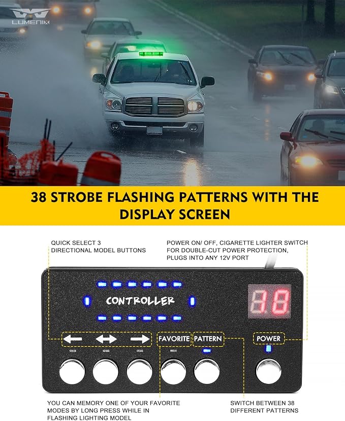 LUMENIX Green LED Rooftop Strobe Beacon Lights Magnetic Mount Emergency Flashing Safety Warning Caution Traffic Light Bar, for Law Enforcement POV Vehicles Towing Trucks Snowplow - Patented Design