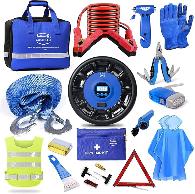 Car Emergency Kit, Emergency Roadside Car Safety Kit with Air Compressor, 10FT Jumper Cable, First Aid Kit, Tow Strap, Safety Hammer, Whistle, Flashlight for Women, Men, Teenager