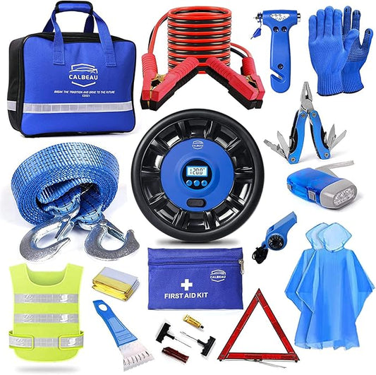 Car Emergency Kit, Emergency Roadside Car Safety Kit with Air Compressor, 10FT Jumper Cable, First Aid Kit, Tow Strap, Safety Hammer, Whistle, Flashlight for Women, Men, Teenager