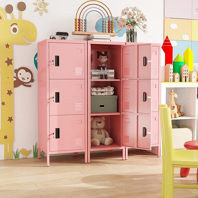 METAN Metal Storage Employees Locker with 3 Lockable Doors,47''H*16''W*16''D Locking Storage Cabinets for Small Spaces,Home,School,Gym,Assembly Required,Pink