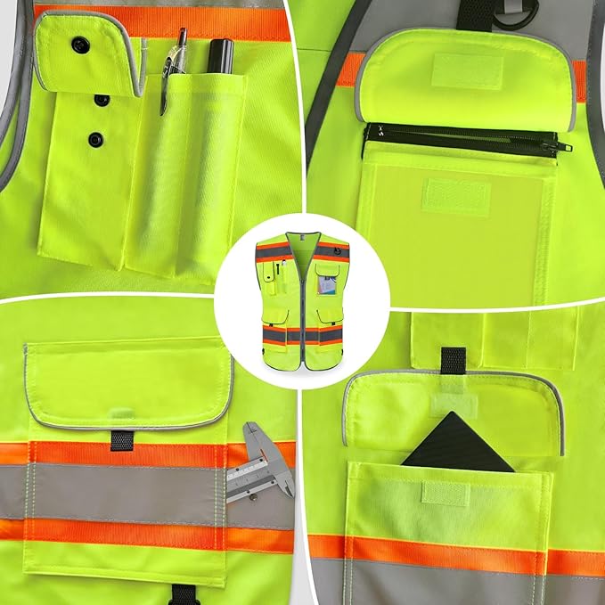 TCCFCCT Hi Vis Vest 9 Pockets High Visibility Reflective Safety Vest for Men Women, Construction Work Vest with Fluorescent Orange Extend Edge, Durable to Use, Meets ANSI/ISEA, (DB-Yellow, Medium)