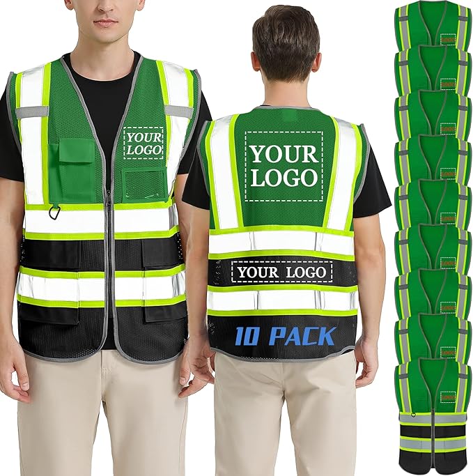 BeautyWill 10 Pack Custom Logo Safety Vest ANSI Class 2 High Visibility Reflective Vest Personalized Construction Vest Bulk