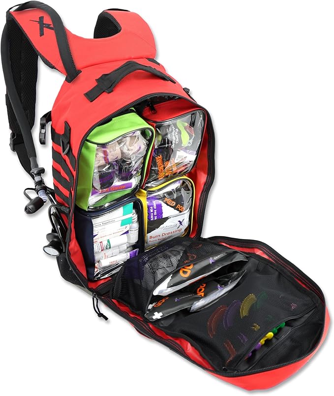 Lightning X Fully Stocked TacMed First Responder Trauma Medical Backpack EMT Kit | MB45-SKF | w/Professional First Aid Emergency Supplies (Red w/Hydration Bladder)