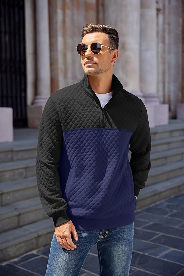 COOFANDY Mens Quarter Zip Pullover Quilted Sweatshirt Knit Long Sleeve Mock Neck Sweater Polo with Pocket
