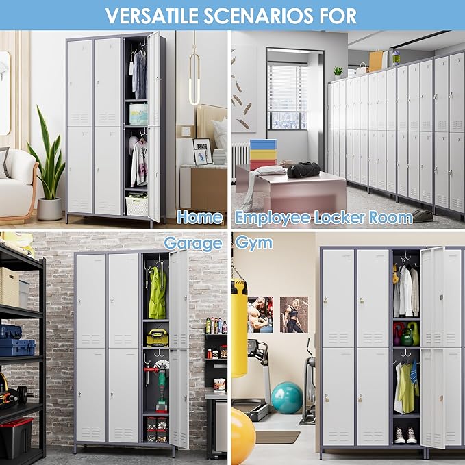 6 Doors Metal Locker for Employees with 18 Hooks and Business Card Holder,Metal Locker with Ventilation Holes for School Garage Office Gym Home,Assembly Required,Grey-White