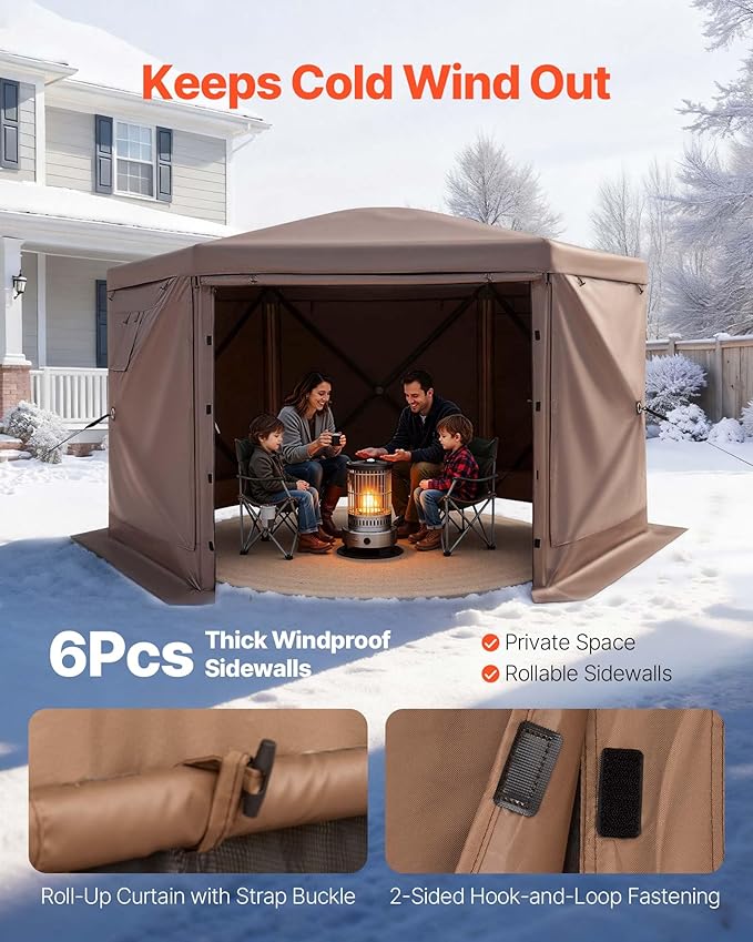 VEVOR Pop up Gazebo Screen Tent, 12 x 12 ft Large 6-Sided Camping Canopy Tent with Removable Top & Carry Bag, Quick-Set & Bite-Proof, Screen House Sun Shelter for 8-10 Persons Backyard Patio, Brown