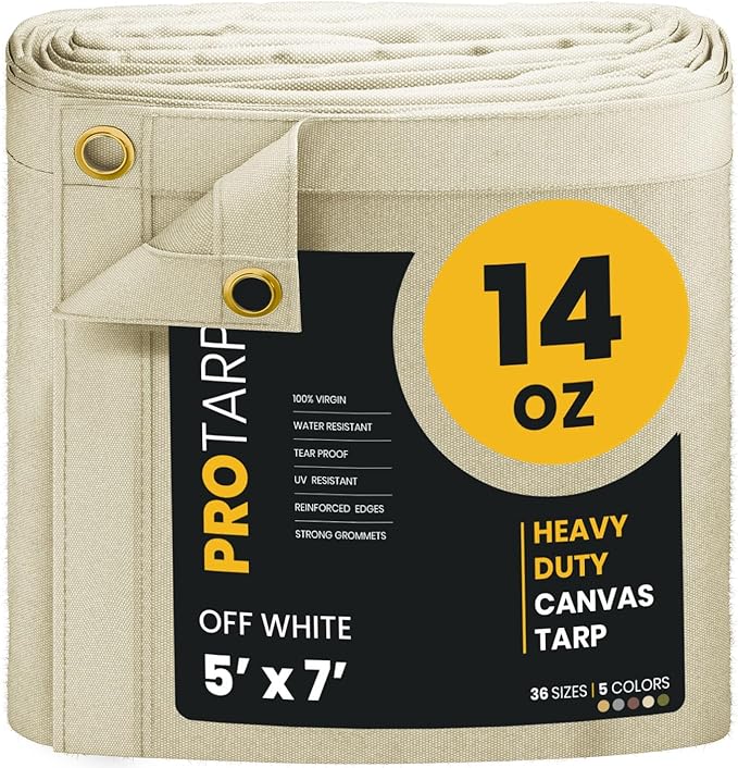 PROTARP Heavy Duty 14 OZ Water Resistant Canvas Tarp, UV Resistant Tarpaulin Cover with Rustproof Brass Grommets, Multipurpose for Canopy, Roof, Camping, Woodpile (Off White 5'X7')