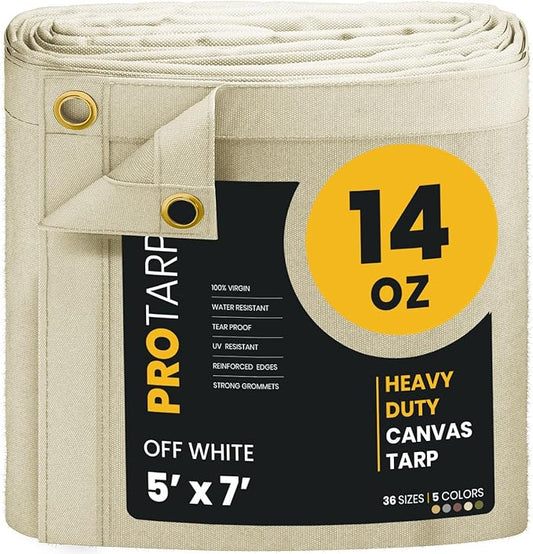 PROTARP Heavy Duty 14 OZ Water Resistant Canvas Tarp, UV Resistant Tarpaulin Cover with Rustproof Brass Grommets, Multipurpose for Canopy, Roof, Camping, Woodpile (Off White 5'X7')