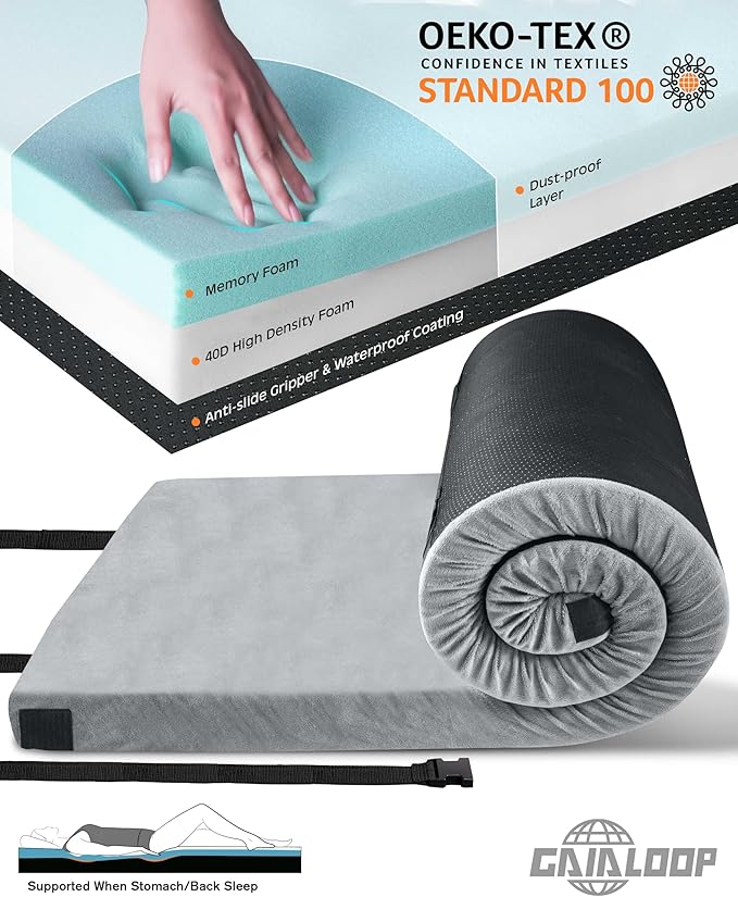 3 Inch Memory Foam Camping Mattress, Dual Layer Thick Sleeping Camp Pad for Car Tent Cot, Roll-Up Portable Glamping Floor Bed for Guests Sleepover