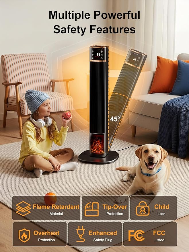 Uthfy Space Heater for indoor use, Large Room Heater with 3D Flame Effect, 1500W Portable Electric Heater with ECO, 90° Oscillating, Remote, PTC Ceramic Heaters for Bedroom, Office, Home