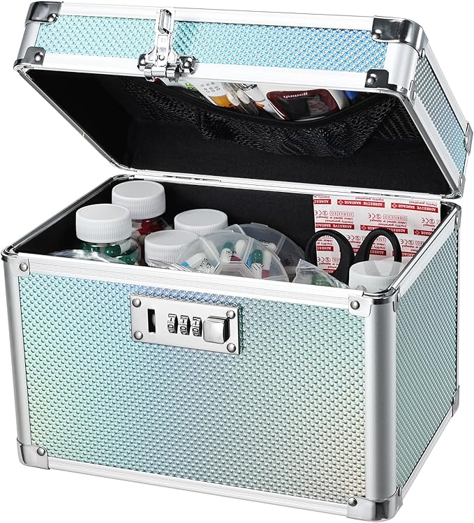 Adazzo Lockable Medicine Storage Box - Turquoise Cabinet Med Lock Organizer, 10 x 7 x 9 Inches Safe Med Case with Lock for Home, Dorm, Office, or Travel