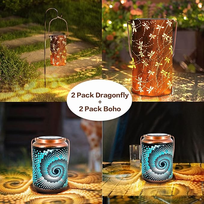 YISITEONE 4-Pack Solar Outdoor Hanging Lanterns, Waterproof Garden Table LED Lights, Metal Decorations for Patio Yard Lawn Front Porch, Gardening Gifts for Women Mom Grandma (2 Bohemian & 2 Dragonfly)