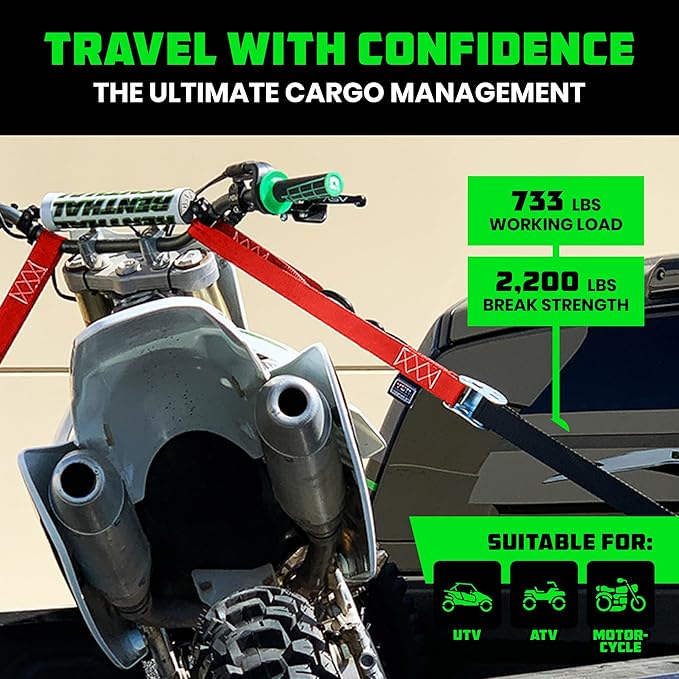 Rhino USA Motorcycle Tie Down Straps (2 Pack) Lab Inspected 2,200lb Break Strength, Steel Cambuckle Tiedown Set with Integrated Soft Loops - Better Than a Ratchet Strap (Red 2-Pack)