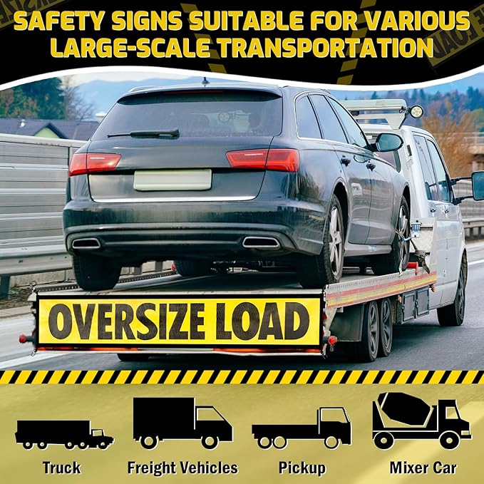 2 Pack Oversize Load Signs for Trucks, 18" x 84" Wide Load Heavy Duty Mesh Flags Banner with Bungee Cord & Hook, Oversized Load Sign Warning Flatbed Trailer for Escort Vehicles, Car, Yellow and Black