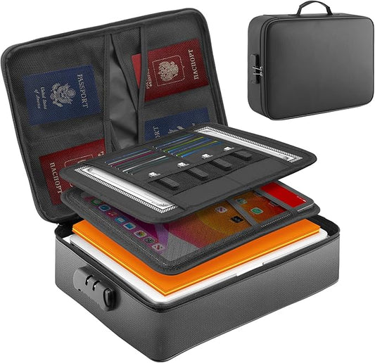 Fireproof Waterproof Document Bag with Lock - Mondoshop Portable Waterproof Document Organizer for Important File - Fire Proof Travel Storage Case with Zipper for Laptop, Passport, Certificates, Cards