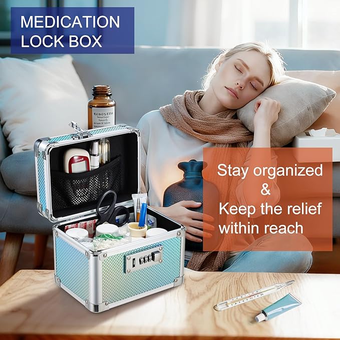 Adazzo Lockable Medicine Storage Box - Shiny Turquoise Cabinet Med Lock Organizer, 7 * 5.25 * 5.75 Inches Safe Case with Combination Lock for Home, Dorm, Office, or Travel - Mini Size